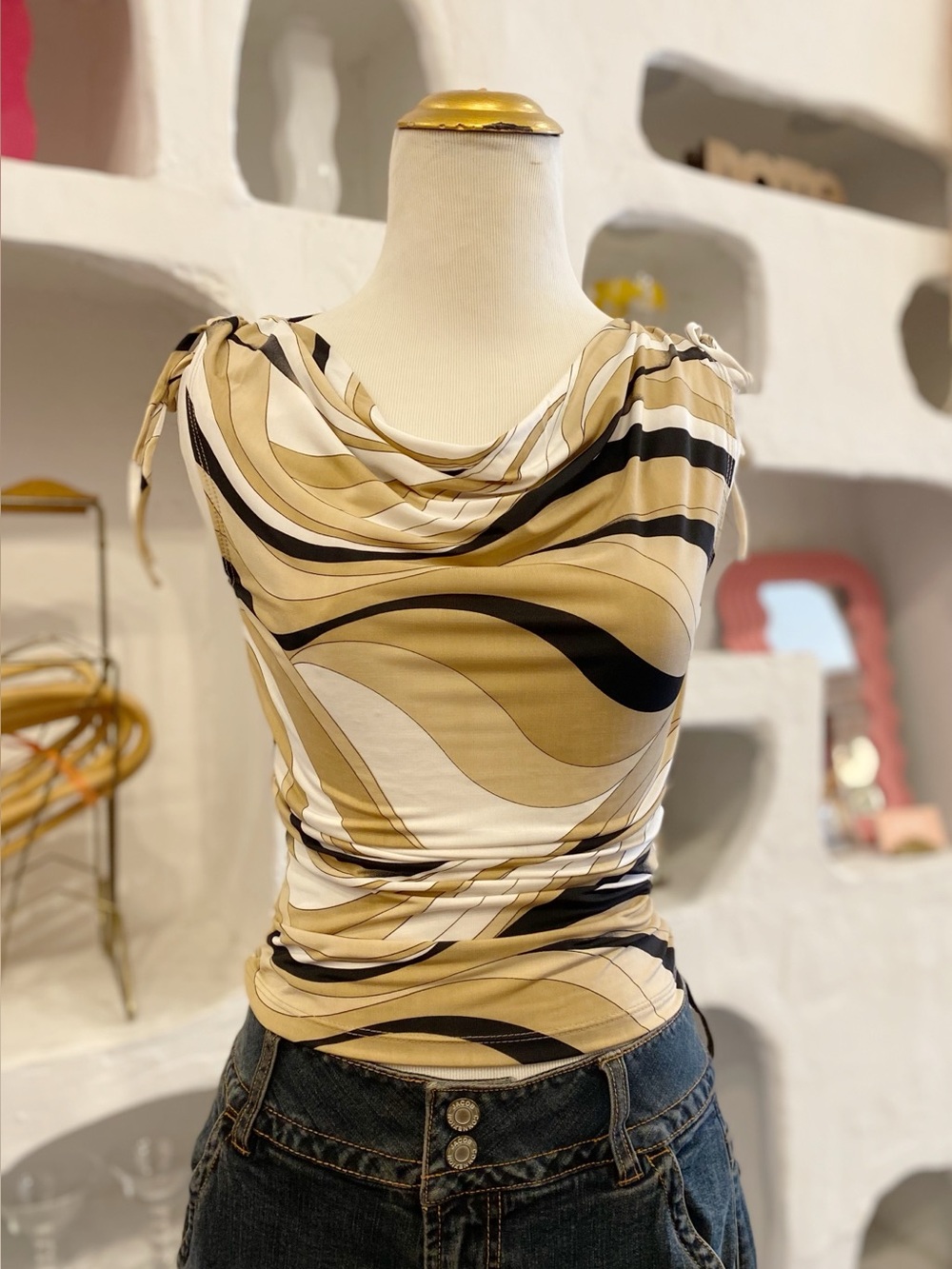 Y2K Vintage Wavy Abstract Print Cowl Neck Tank with Ruching on Shoulders NWT
